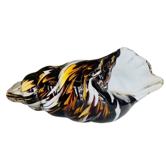 Hand Blown Cased Art Glass Seashell Conch Sculpture White Brown Gold 7” - Picture 3 of 6